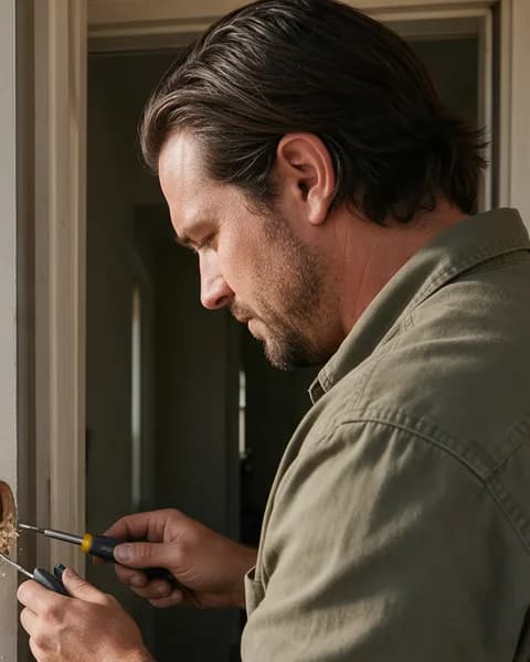 Cesar Villalobos, owner of Daybreak, fitting a deadbolt into a door edge