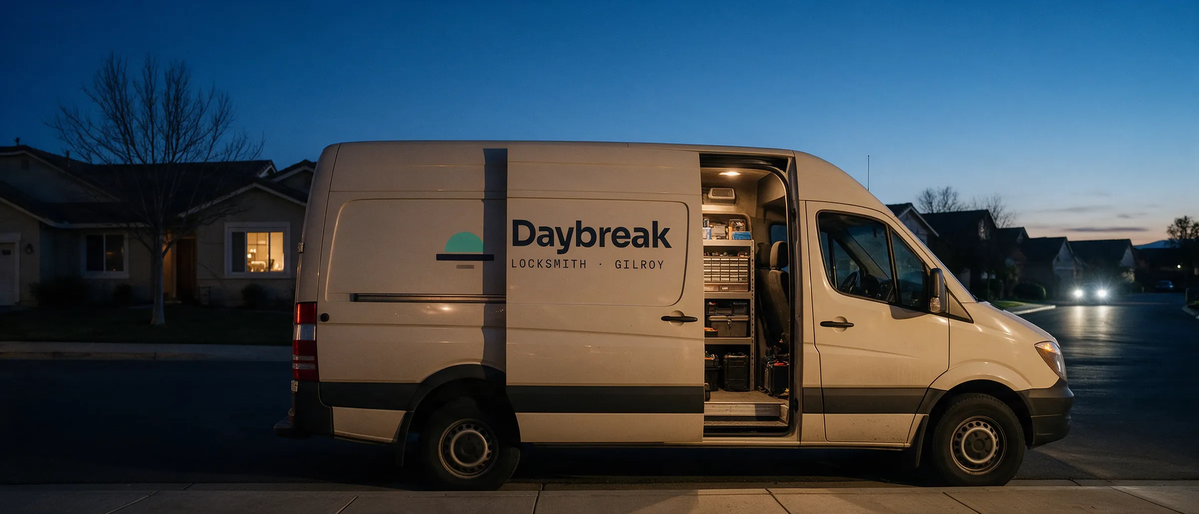 Daybreak service van at dusk